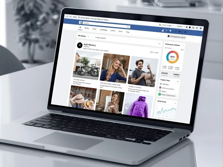 מחשב נייד פתוח עם ממשק המדמה את ספריית המודעות של פייסבוק, מציג ניתוחים וגרפים צבעוניים ללא טקסט.