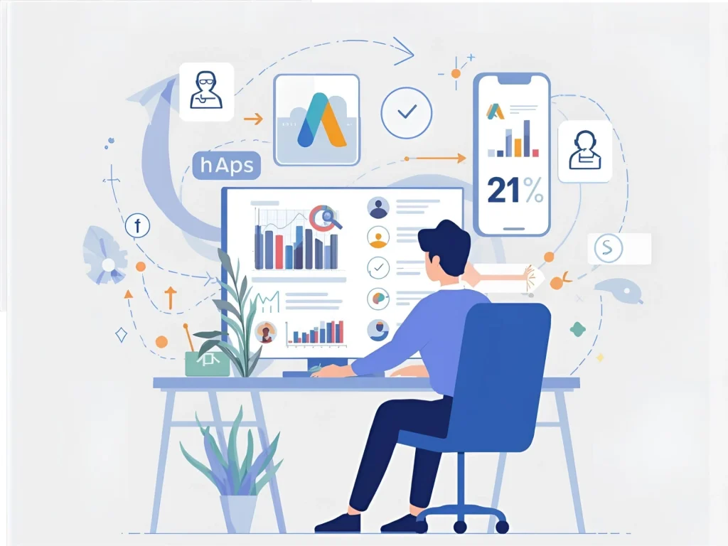 איש שיווק דיגיטלי מנתח גרפים ונתונים של קמפיינים ברשתות חברתיות.