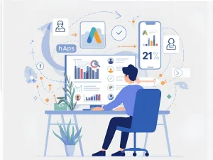 איש שיווק דיגיטלי מנתח גרפים ונתונים של קמפיינים ברשתות חברתיות.