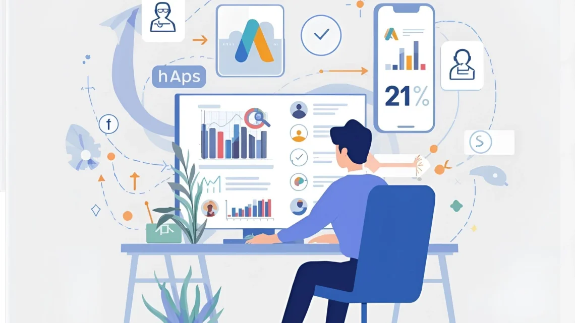 ניתוח נתוני שיווק חכם ברשתות חברתיות איש שיווק דיגיטלי מנתח גרפים ונתונים של קמפיינים ברשתות חברתיות.